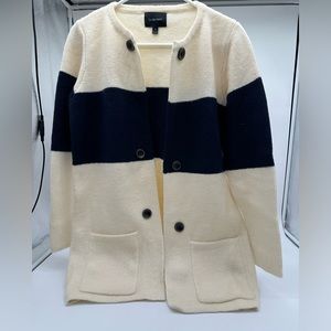 Le Fee Verte from Anthropologie, ivory and navy long, closure less cardigan.